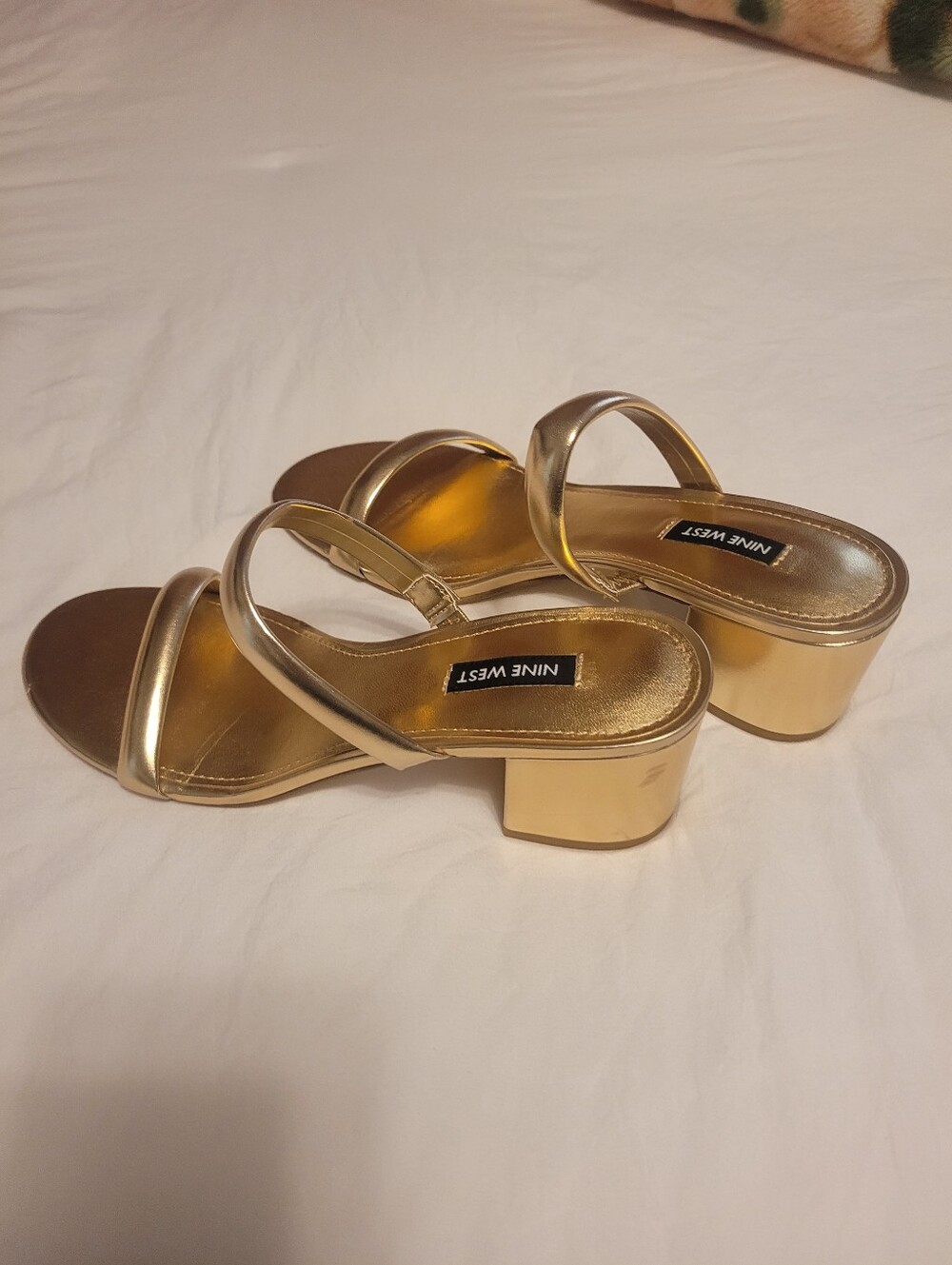 Nine West Metallic Gold Double-Strap Block Heel Mules
